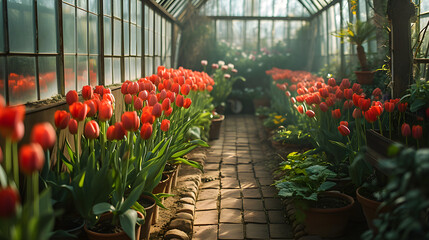 Wall Mural - greenhouse with flowering tulips