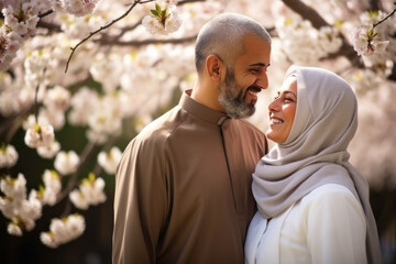 Wall Mural - A happy senior Arabian couple enjoying the outdoors in both spring, showcasing enduring love and joy.