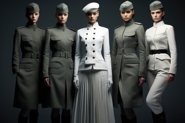 A diverse group of women wearing uniforms, standing next to each other, posing for a team photo, High fashion interpretation of military uniforms, AI Generated