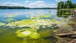 Polluted lake covered in algae blooms