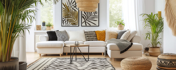 Wall Mural - The stylish boho living room interior