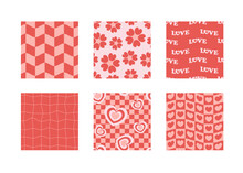 Groovy Valentines Day Seamless Pattern Collection. Love Psychedelic Retro Style Background Set.