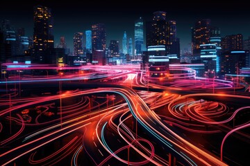 Sticker - A busy city street filled with cars and headlights amidst the hustle and bustle of night traffic, Intertwined neon highways symbolizing advanced data transfers, AI Generated