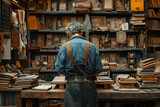 Fototapeta  - Bookbinder antiquarian bookseller restoring old books in his workshop