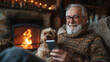 © mikhailberkut - An elderly happy bearded man is sitting by the fireplace with his dog, holding a smartphone. Active age concept