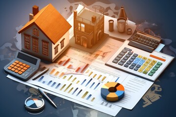 The layout of the house, money, graphics. an inflationary crisis due to an increase in the interest rate affecting the buyer of the house. Mortgage loan, financial concept