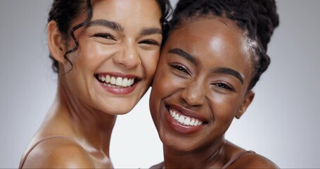 women, face and skincare with laughing in studio with facial treatment, diversity or glowing skin. f