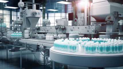 Wall Mural - Production of pharmaceuticals, healthcare products, and cosmetics. Bottles with liquid on production line. Modern manufacturing facility. Life sciences industry, biotechnology.