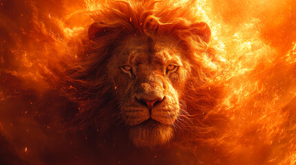 Portrait of a fire lion. AI
