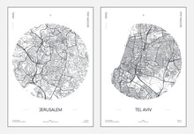 Travel Poster, Urban Street Plan City Map Jerusalem And Tel Aviv, Vector Illustration