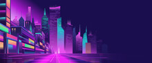 Night big city street with glowing blue and purple neon lights, perspective view, panoramic skyline of houses and skyscrapers, vector illuminated urbanism, horizontal banner