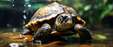 Fototapeta Big Ben - Turtle spends most of their time in under water golden light illuminating its earthy brown and black coat, blurred background