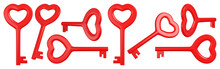 Red Heart Shaped Skeleton Key Set. Valentine Day Design Elements. 3D Rendering.