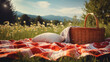 Outdoor picnic with basket and blanket on the grass on nature
