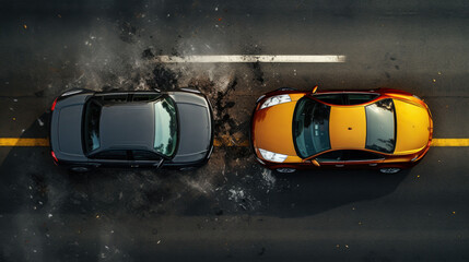 Two car collision top view angle of road and automobile, car insurance concept