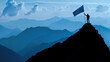 Silhouette of man holding blue flag on mountain top in sign of success and achievement