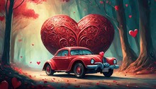 Valentine S Day Holiday Celebration With Toy Car And Heart Shape