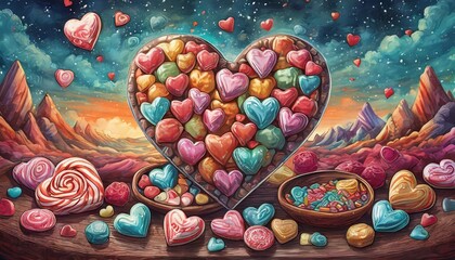 Wall Mural - colorful heart shaped candies and sweets for valentine s day