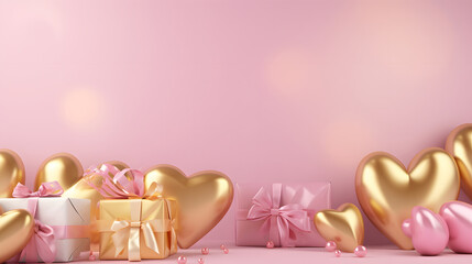 Happy valentines, 3D wallpaper decorated with elegant red roses with light pink, red, and white hearts with some gifts and balloons, copy space