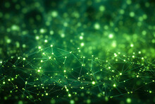 Green Abstract Background With A Network Grid And Particles Connected. Sci-fi Digital Technology With Line Connect Network And Data Graphic Background. Abstract Polygonal Wallpaper