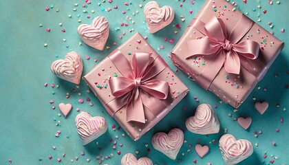 Wall Mural - st valentine s day concept top view photo of pink gift boxes in wrapping paper with heart pattern marshmallow inscription love you and sprinkles on light blue background with blank space