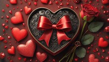 Black Car Keys Red Roses A Heart Shaped Gift Box With A Red Ribbon Lie On A Red Background With A Scattering Of Small Hearts Woman S Valentine S Day Gift Concept Flat Lay Top View Banner