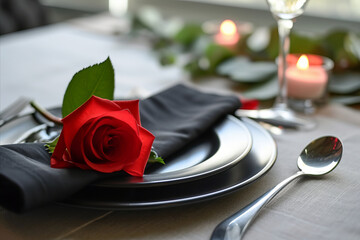Valentine's day romantic restaurant dinner setting with red rose