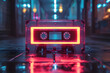 A neon cassette representing nostalgia of the 90s and audio cassette for listening to music.