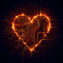 Wall Mural - glowing heart-shaped circuit board with pulsing data streams