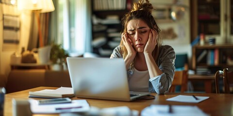 Overburdened female professional working remotely on computer appears stressed and exhausted.