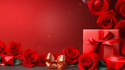 Happy valentines, 3D abstract wallpaper red and white hearts and red rose flower with dark background and copy space