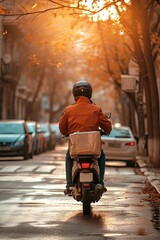 Scooter driver delivering food or other goods. Sunny autumn day. Photo with copy space. Delivering concept.