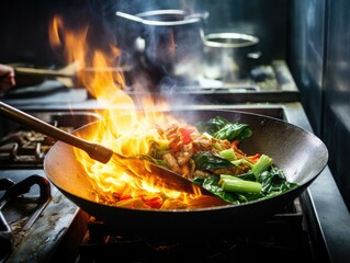 Canvas Print - A wok with food on fire in a pan. Generative AI.