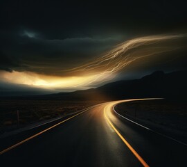 Wall Mural - A long road with lightning streaks in the sky. Generative AI.