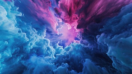 Blue and pink abstract clouds surround a clear sky