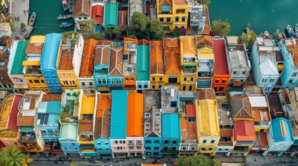 Colorful aerial view of a quaint urban landscape with river