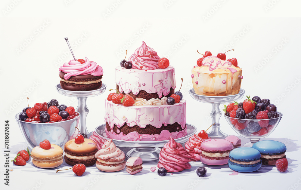 Composition with cakes, pasties, macaroons, and various desserts with ...