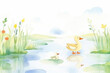 Duck, pond scene , cartoon drawing, water color style, AI Generated
