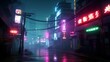 A dark and rainy street in a cyberpunk city with neon lights and signs in the background