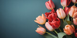 Colorful tulip flowers on blue background. Floral wallpaper, banner. February 14, valentine's day, love, 8 march women's day theme.	
