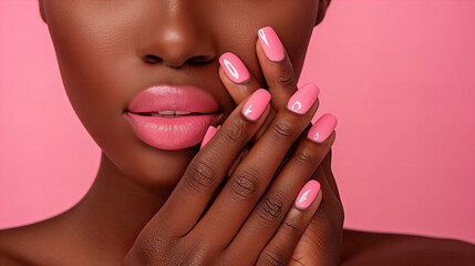 female hand model with nail polish on her fingernails. pink nail manicure with gel polish made at lu