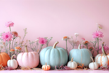 Canvas Print - Minimal trendy Thanksgiving Halloween background with pastel pumpkins and flowers, suitable for event banners or decoration