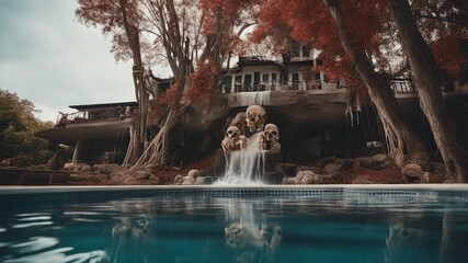 Wall Mural - fountain in the park Horror swimming pool with a waterfall of skull, with a landscape of dead trees and skulls,  