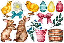 Watercolor Set Of Easter Elements, Eggs, Rabbits, Baskets, Flowers, Chicken, Pot, Branch, Bow. Perfect For Card Making, Party Invitations, Wedding, Stationery, Greeting Cards, D.I.Y.