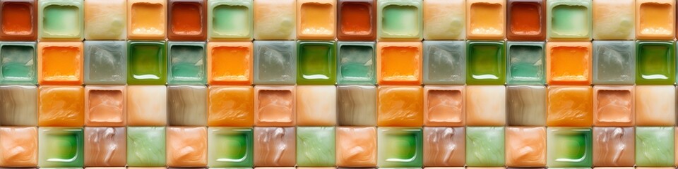 Aufkleber - Orange, green colored abstract grunge glass square mosaic tile mirror wall texture background banner panorama