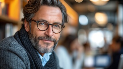 Confident mature businessman smiling in casual wear at cafe