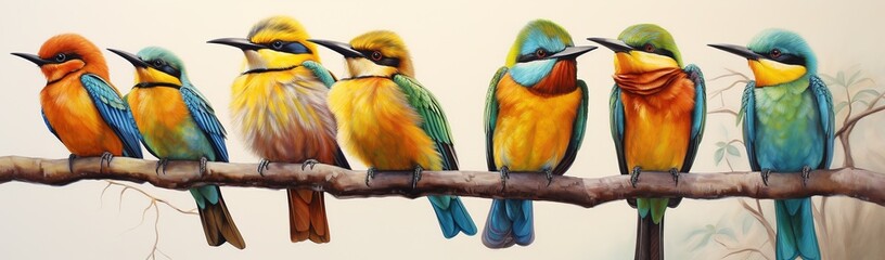 A Row of Seven Colorful Bee-Eaters