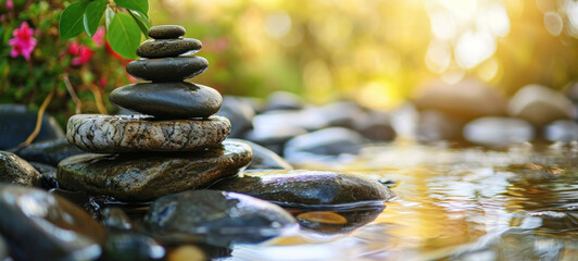 Zen Stone Stack in Nature with Sun Flare