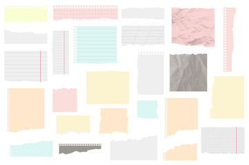 Wall Mural - Ripped papers mega set in flat design. Bundle elements of colorful torn paper sheets, sticky notes shreds, notebook edges, empty and lined stripes. Illustration isolated graphic objects