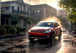 © Porscifant Art - Red Small SUV Hatchback On Wet Street Small Town Daytime Trees and Bushes